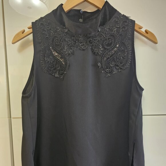 Zara Tops - ZARA Medium Black Velvet High Neck Lace Beaded Embellished Sleeveless Swing Top